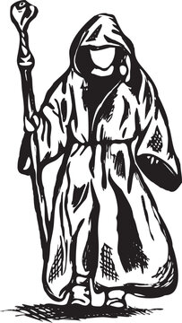 Druid illustration in a sketchy hand drawn style, Flat logo of a ranger or wizard with staff isolated on white background.