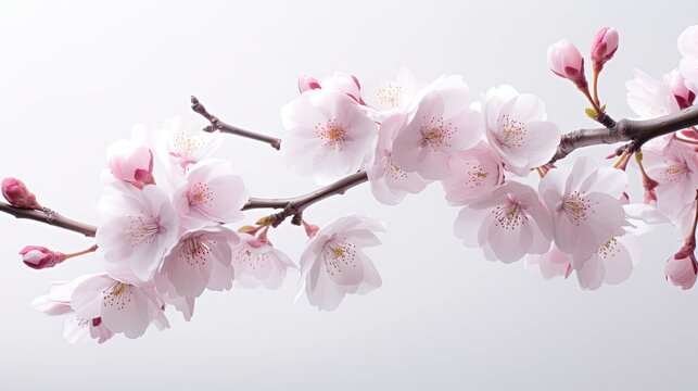 Image of a blossoming cherry blossom branch, delicate pink flowers contrasting against a white background.