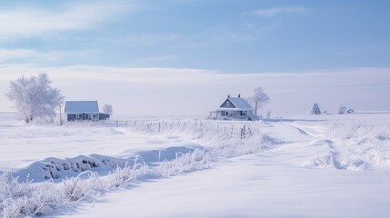 A serene view of a snow-covered countryside, where fields, fences, and farm buildings are draped in a white blanket.