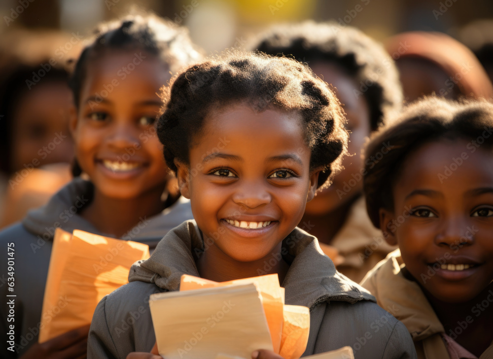 Poster a small crowd of african children smile joyfully as they receive their very first textbooks. the col