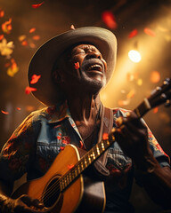 Obraz premium An African American man with a guitar on his chest and wearing a cowboy hat is belting out an upbeat and catchy melody. His corded