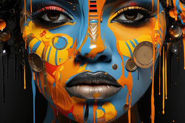 A vibrant and colorful painting hangs on the wall painted by a Black African artist as a young Black African woman stands posed in
