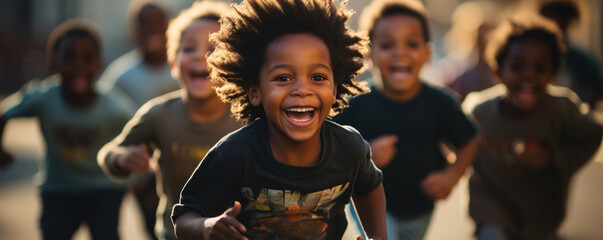 A group of Black children run around a track cheered on by excited parents and siblings standing around the edge of the track. Their