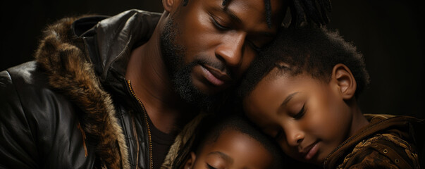 An African American father peacefully resting his hand upon his sons shoulder a comforting gesture of paternal love.