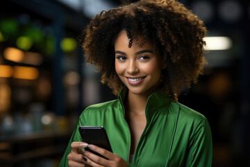 A chic African woman wearing a bright green dress smirks as she holds her smartphone clearly in the middle of some programming work. - Powered by Adobe