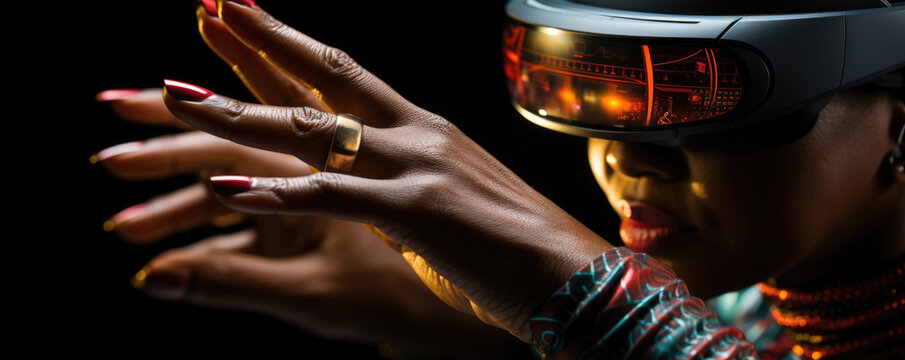 A closeup shot of an African womans hands gracefully working a complex virtual reality headset gliding it with ease as she navigates
