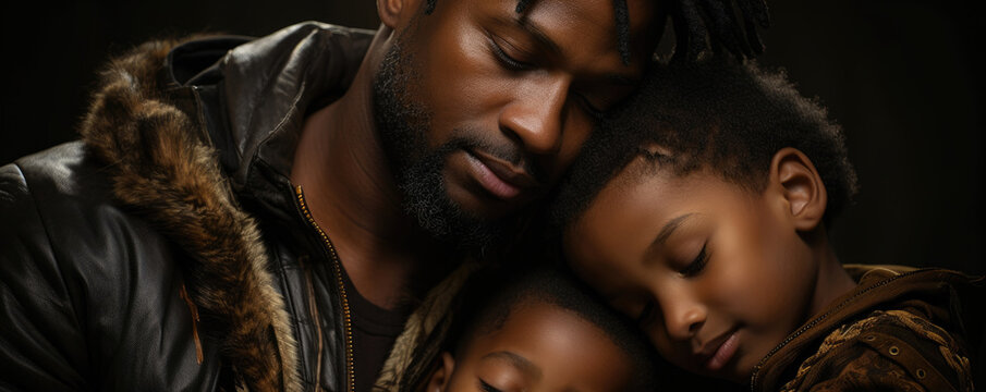 An African American father peacefully resting his hand upon his sons shoulder a comforting gesture of paternal love.