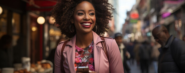 A welldressed African American woman strides down a busy city street her arm outstretched as she makes a phone call.