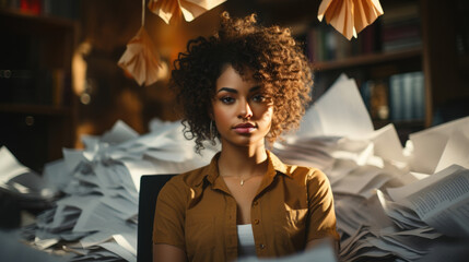 Fototapeta premium A Black woman is seated in an office chair with a stack of paper in front of her. She quietly reviews the documents determined to