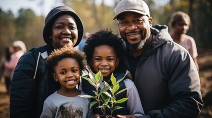 A proud Black family is seen in this photo with the parents holding a potted tree in their hands as their children look on with admiration.