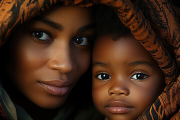 A soft and intimate moment between a young African boy and his mother her eyes conveying a deep sense of understanding and protection