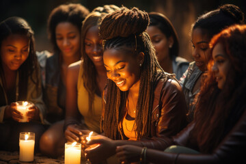 A group of African teenage girls gathered in a circle around a lit candle eyes closed in meditative poses as they practice mindfulness