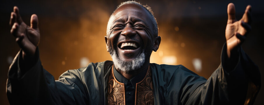 An elder African man with wise eyes held his hands up to the sky expressing his joy and faith for the future.