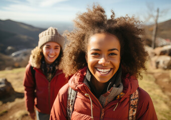Two darkskinned South African teenagers smiling and laughing with joy as they hike up a steep mountainous trail looking forward to - obrazy, fototapety, plakaty