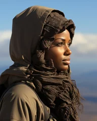 Küchenrückwand glas motiv Kilimandscharo A Black African woman looking outward in a moment of pondering thought while standing at the summit of Kilimanjaro in Tanzania feeling