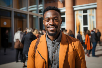 A proud Black African man standing in front of the ilrious Dal TheatreMuseum in Figueres Spain with a wide smile of appreciation for