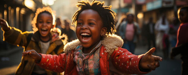 Two African children playfully dancing together their hands twirling in the air as their faces break into joyful smiles. The scene - Powered by Adobe