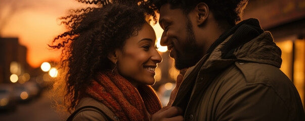 An African American couple embrace each other in a moment of tenderness looking off into the sunset. Their emotions and connection