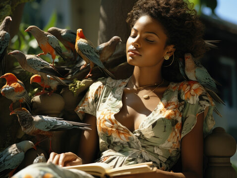 An Ivorian woman lounges on a park bench reading a book as birds swoop by her head and a gentle breeze brushes her skin offering her - Powered by Adobe
