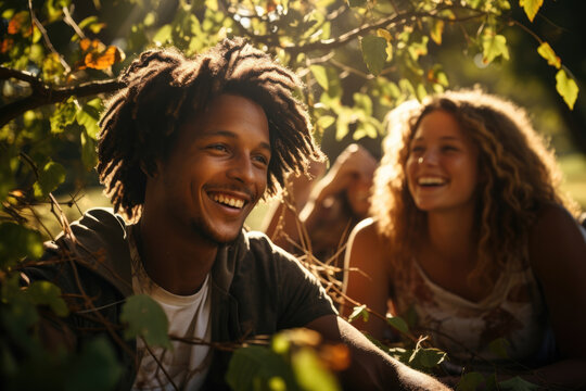 Two African American friends kibitz in a park lounging in the grass backs against a tree as the summer light filters through its leaves.