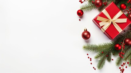 Christmas composition, gifts or present, red decorative, pine branches, cherry, gold stars, gristers on white background. xmas, celebrate new year, top view. holiday, birthday, valentine for card