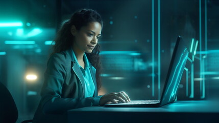 Female cyber security employee using laptop in data center