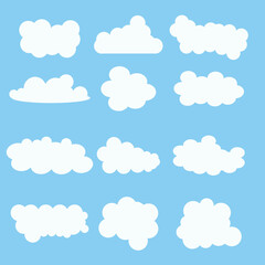 Clouds set isolated on a blue background. Simple cute cartoon design. Modern icon or logo collection. Flat style vector illustration.