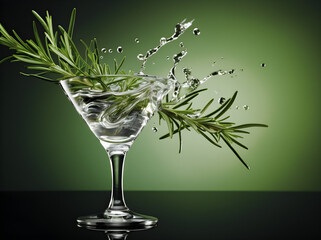 Gin cocktail with rosemary and ice on minimalistic background