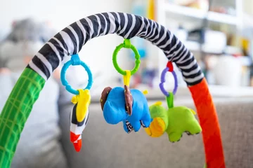 Papier Peint photo Mont Cradle Toy for newborns mount arch on stroller, cradle, car seat with hanging bright hanging animals for the development of the senses in children. Multicolored elephants are attached by a ring to the arch. 
