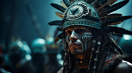 A depiction of an Aztec individual adorned with traditional accessories that define their culture and heritage.