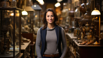 A Solo Entrepreneur Embracing Her Rich Heritage in an Antique Room, with Vintage Treasures and a Clock on the Wall