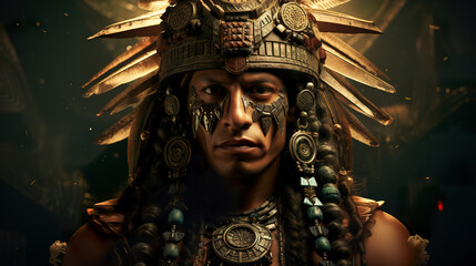 A depiction of an Aztec individual adorned with traditional accessories that define their culture and heritage.