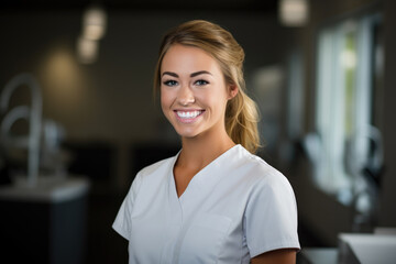 Captivating Dental Assistant: A Skilled and Confident Woman in a Dentist's Office, Wearing a White Lab Coat and Stethoscope, Expertly Caring for Patients' Teeth with Precision Tools
