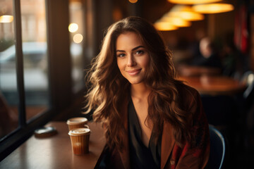 Captivating Beauty: A Graceful and Elegant Woman, Mesmerizing with her Enchanting Smile, Sitting at a Cozy Cafe Table, Radiating Warmth and Sophistication, Enjoying a Stylish Cappuccino