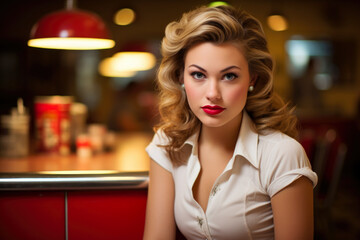 A Captivating Portrait of a Mesmerizing Woman with Retro Style, Graceful Curly Hair, and Striking Blue Eyes, Sitting at a Diner Table with a Red Cup, Looking Glamorous and Timeless