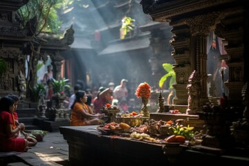 Sacred Balinese Sanctum: Hyper-Real Temple during Spiritual Ceremony with Praying Devotees, Incense Smoke, Stone Carvings, and Idyllic Rice Terraces

