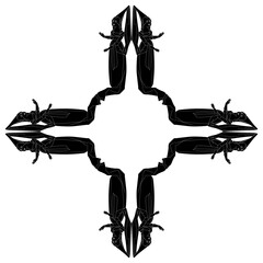 Square round cross shape frame with medieval women. Black and white silhouette.