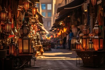 Naklejka na ściany i meble Illuminated Asian Bazaar: Hyper-Detailed Evening Market Street with Lanterns' Glow, Exotic Fruits, Handcrafted Goods, Street Food, and Twilight Temple