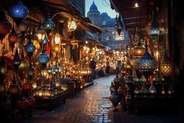 Fototapeta na wymiar Bazaar's Nocturnal Palette: Ultra-Real Istanbul Marketplace with Spice Stalls, Merchants' Calls, Luminous Lanterns, and Silhouetted Mosque 