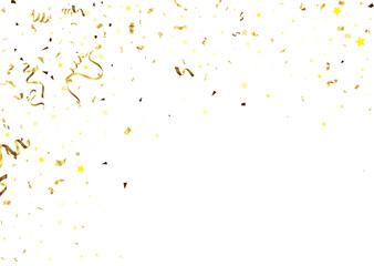 Gold confetti on a white background. Festive background with gold ribbons.