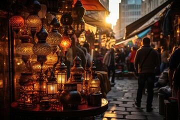 Istanbul's Glowing Souk: Hyper-Detailed Bazaar Bustle with Colorful Spice Displays, Vendors' Calls, and Iconic Mosque
