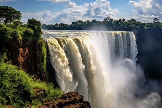 African Wonder Unveiled: Ultra-Realistic Waterfall Scene, Lush Greenery, Rainbow Mist, and Wildlife Gathering
