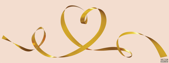 Gold ribbons heart isolated on beige background. Continuous ribbon line art drawing. Element for Valentine's day, mother's day wedding and print. 3D vector illustration.
