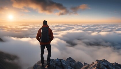 People on the mountain watch the sunrise amid the sea of mist from the top of the mountain beautifully.