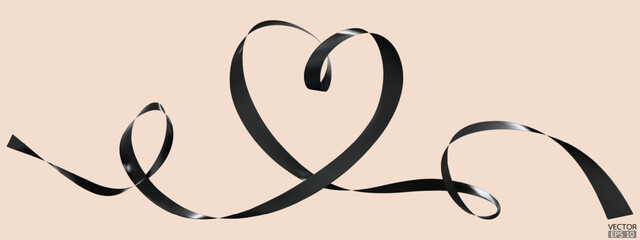 Black ribbons heart isolated on beige background. Continuous ribbon line art drawing. Element for Valentine's day, mother's day wedding and print. 3D vector illustration.