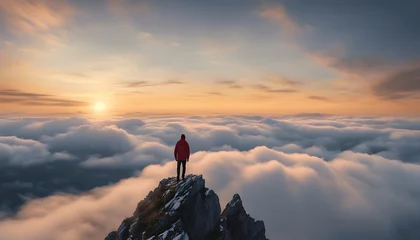 Foto op Canvas People on the mountain watch the sunrise amid the sea of mist from the top of the mountain beautifully. © Bounthasone