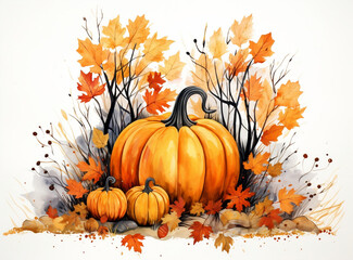 Naklejka na ściany i meble Watercolor Fall Pumpkin Arrangement, Vibrant Autumn Decorations on White Background