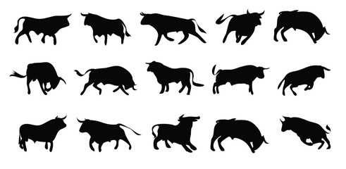 vector collection of bull, silhouettes and shadows. Grunge bull and matador, 