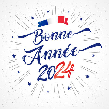 Bonne annee 2024 elegant lettering. French text - Happy New Year. 2024 numbers, blue stars and calligraphy. Vector illustration for greeting banner or poster