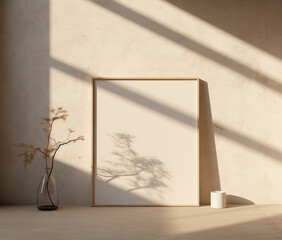 ベッドルームのインテリア背景のモックアップフレーム Mockup frame in bedroom interior background, room in light pastel colors Generative AI